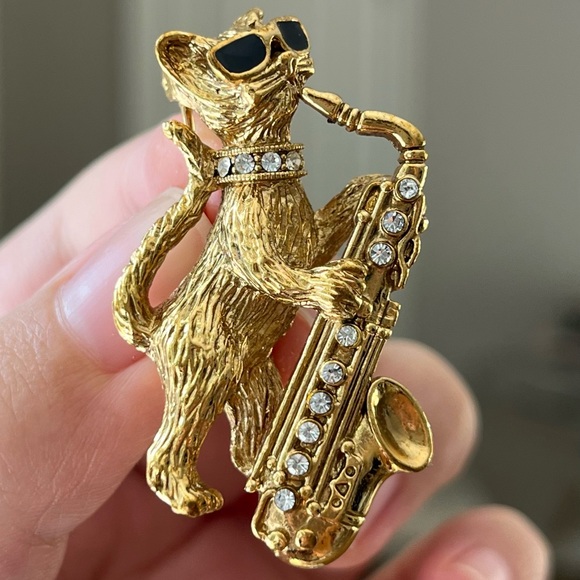 1928 Jewelry - 1928 “Cool Cat The Jazz Meo-sician Pin” Sunglasses Saxophone Kitten Gold Brooch